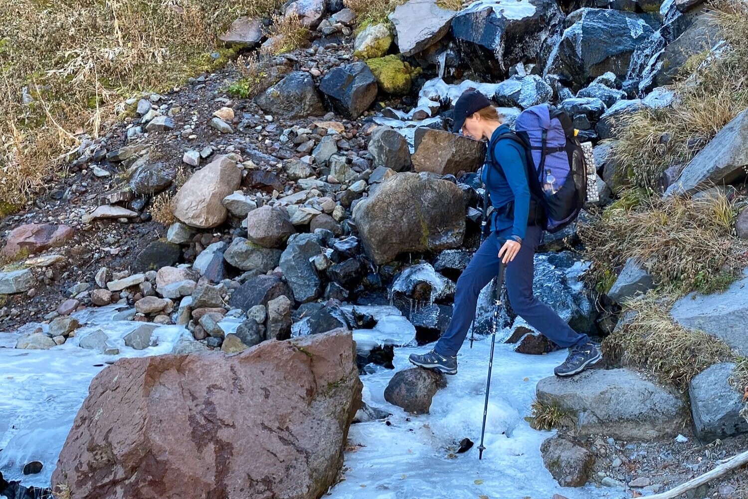 Crossing a frozen stream on the Timberline Trail with the help of the Leki Micro Vario Carbon trekking poles.