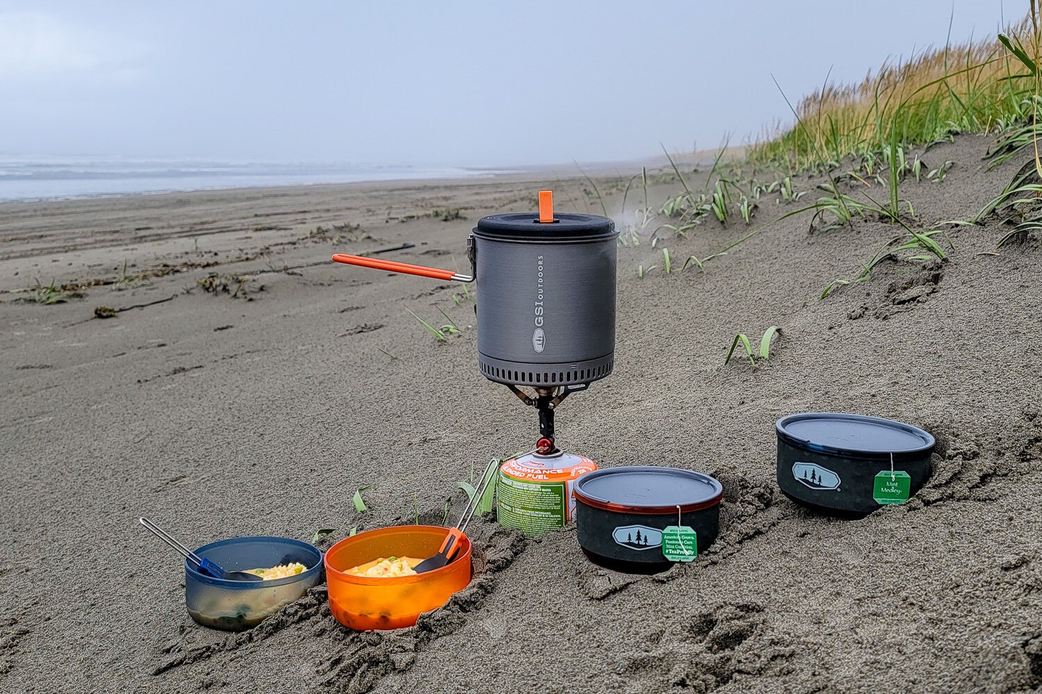 The GSI Outdoors Pinnacle Dualist HS Cookset  is efficicent for heating large amounts of water for groups of 2-4