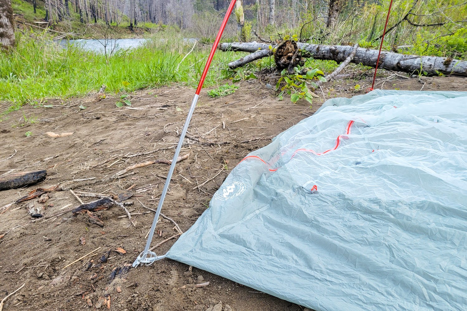 Closeup of the Copper Spur's color-coded poles and pole seats on the tent body