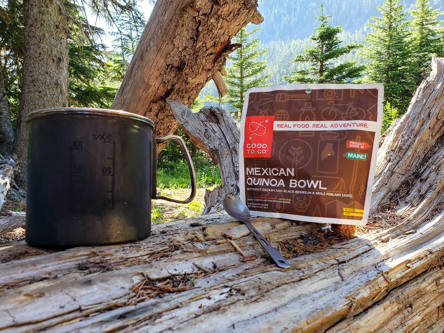 Good to go Mexican Quinoa Bowl meal sitting on a log with a cookpot