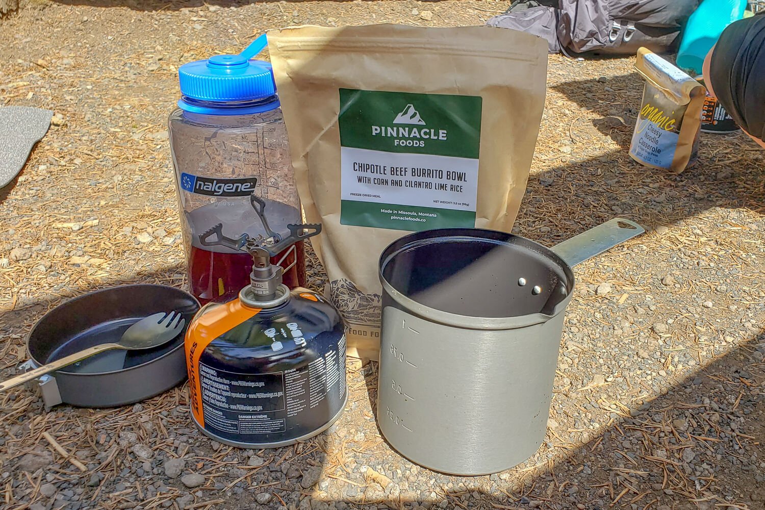 A backpacking cookset and a Pinnacle Foods backpacking meal