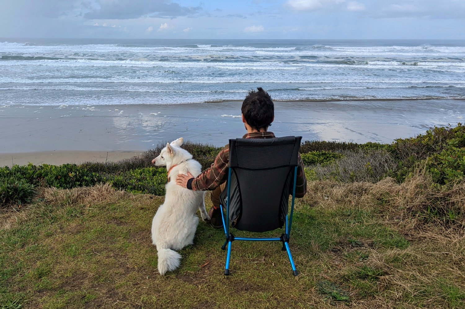 A person sitting at the beach in the Helinox Chair Zero Highback with a dog next to them