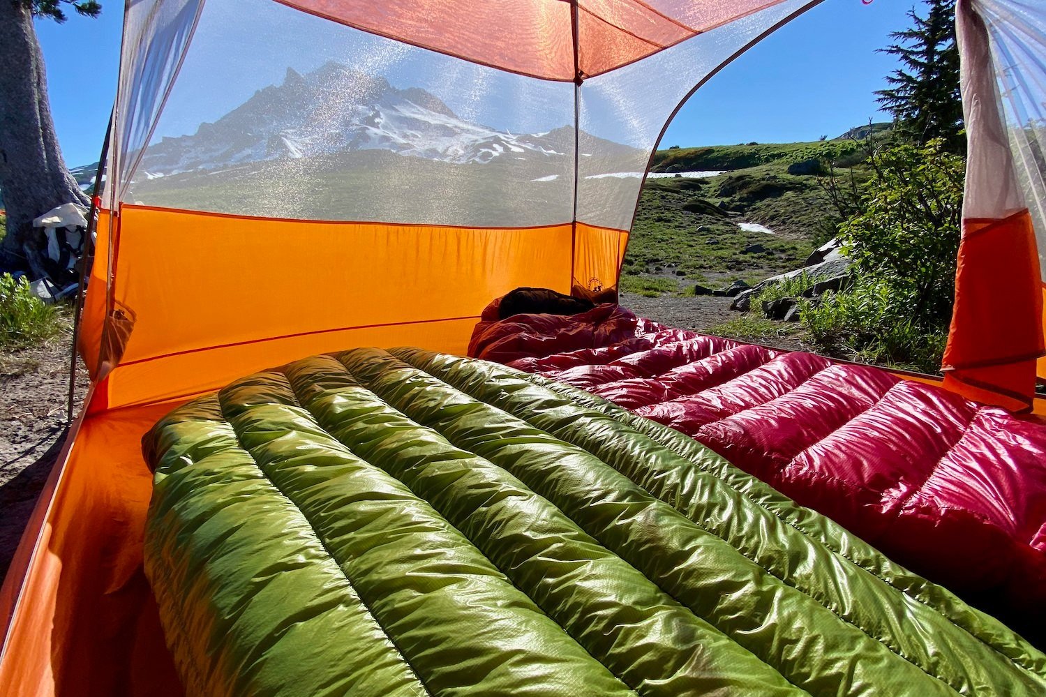 The Zpacks Classic Sleeping Bag inside a tent with a mountain view