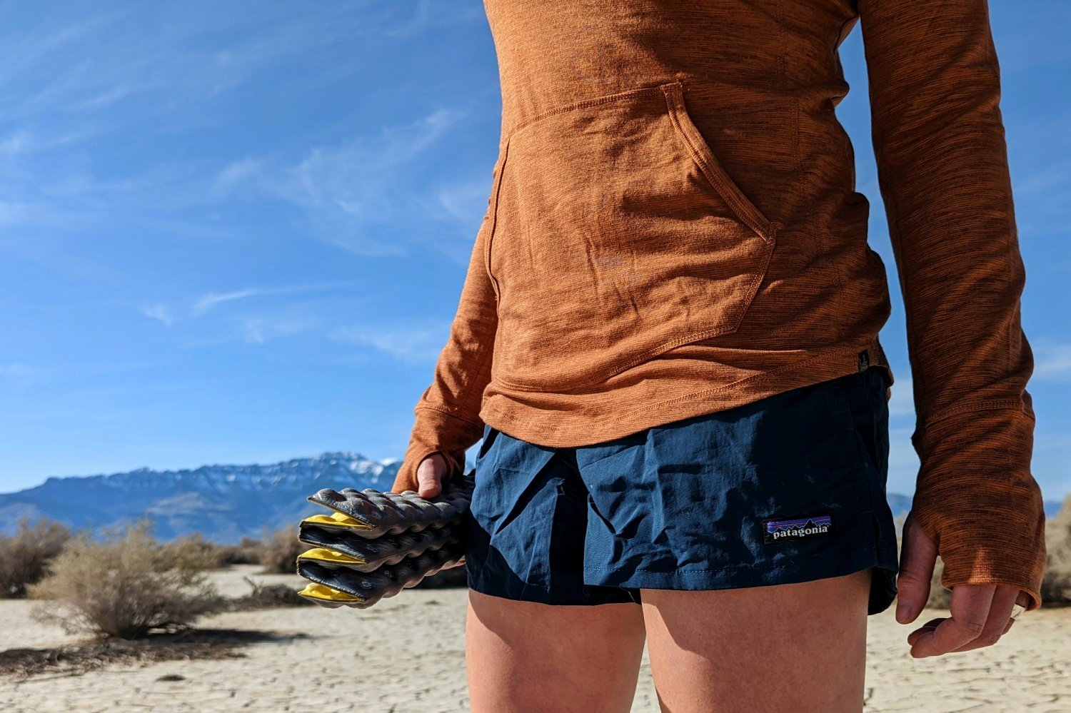 A close up of Patagonia Barely Baggies Shorts on a hiker in the desert