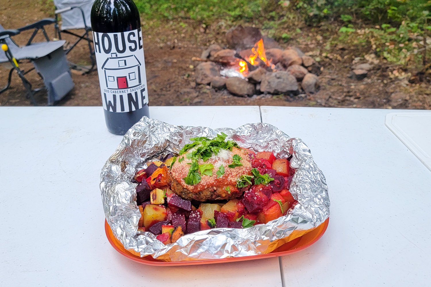 Meatloaf and roasted veggies foil packet meal with red wine