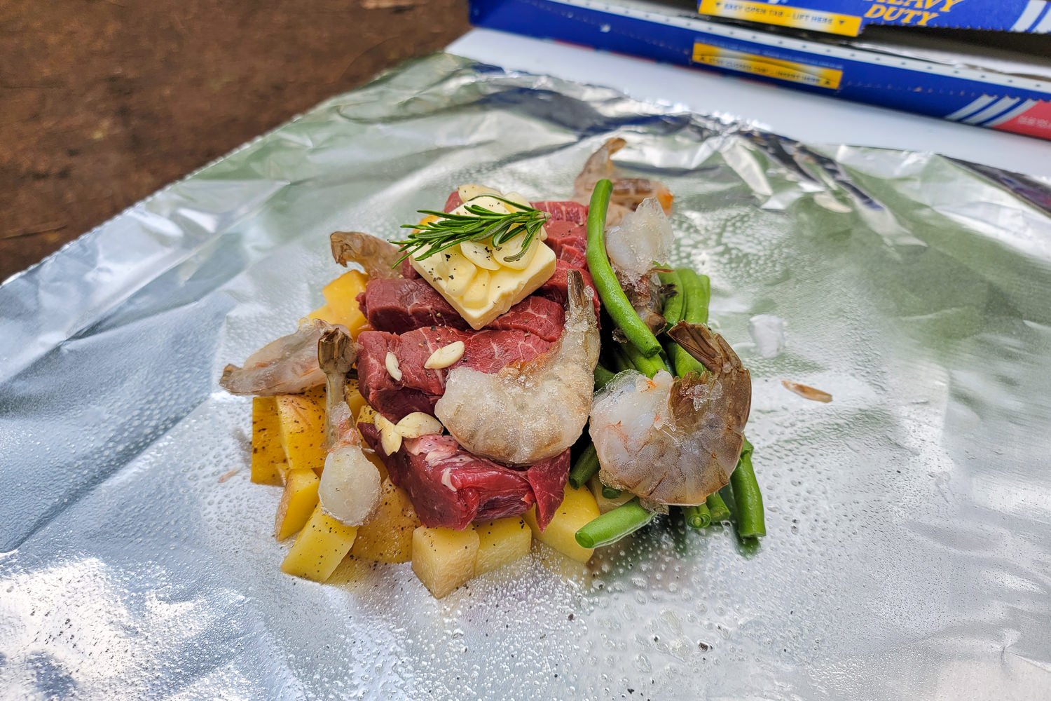 Closeup of the Surf and Turf foil packet meal ingredients