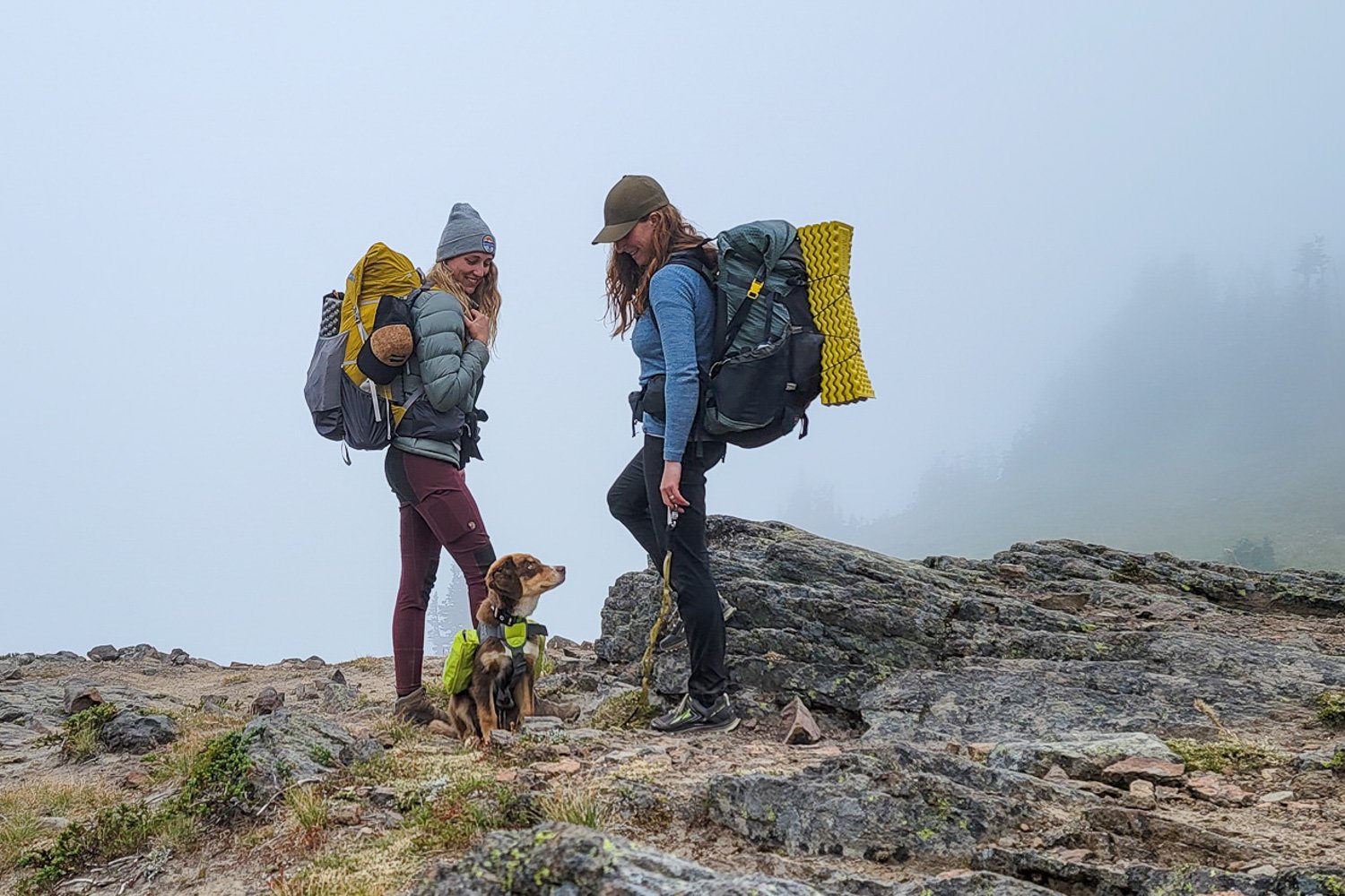 A backpacker wearing the Patagonia Capilene Air Hoody in a foggy mountain scene