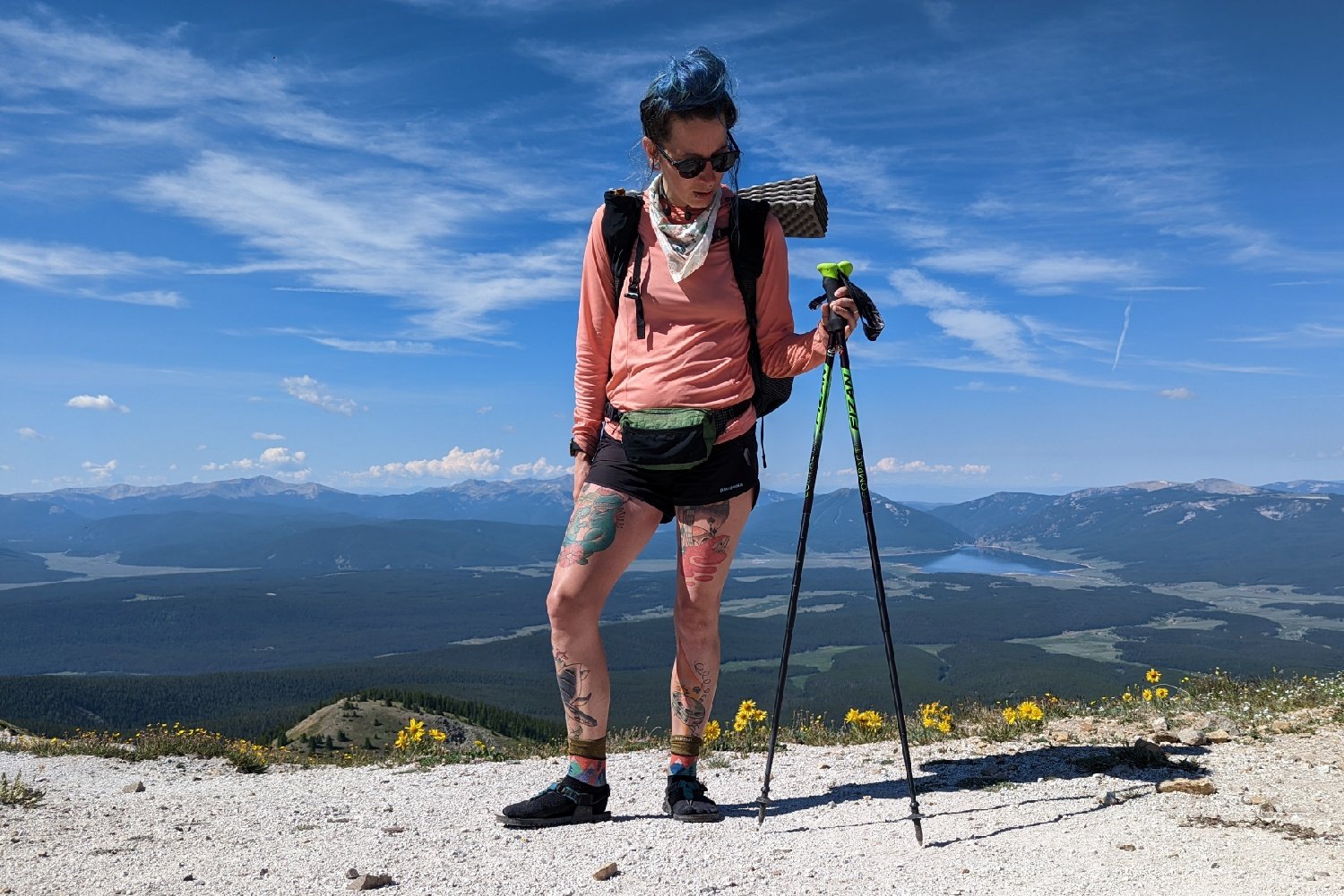 A hiker standing on a mountain pass holding Fizan Compact 3 trekking poles