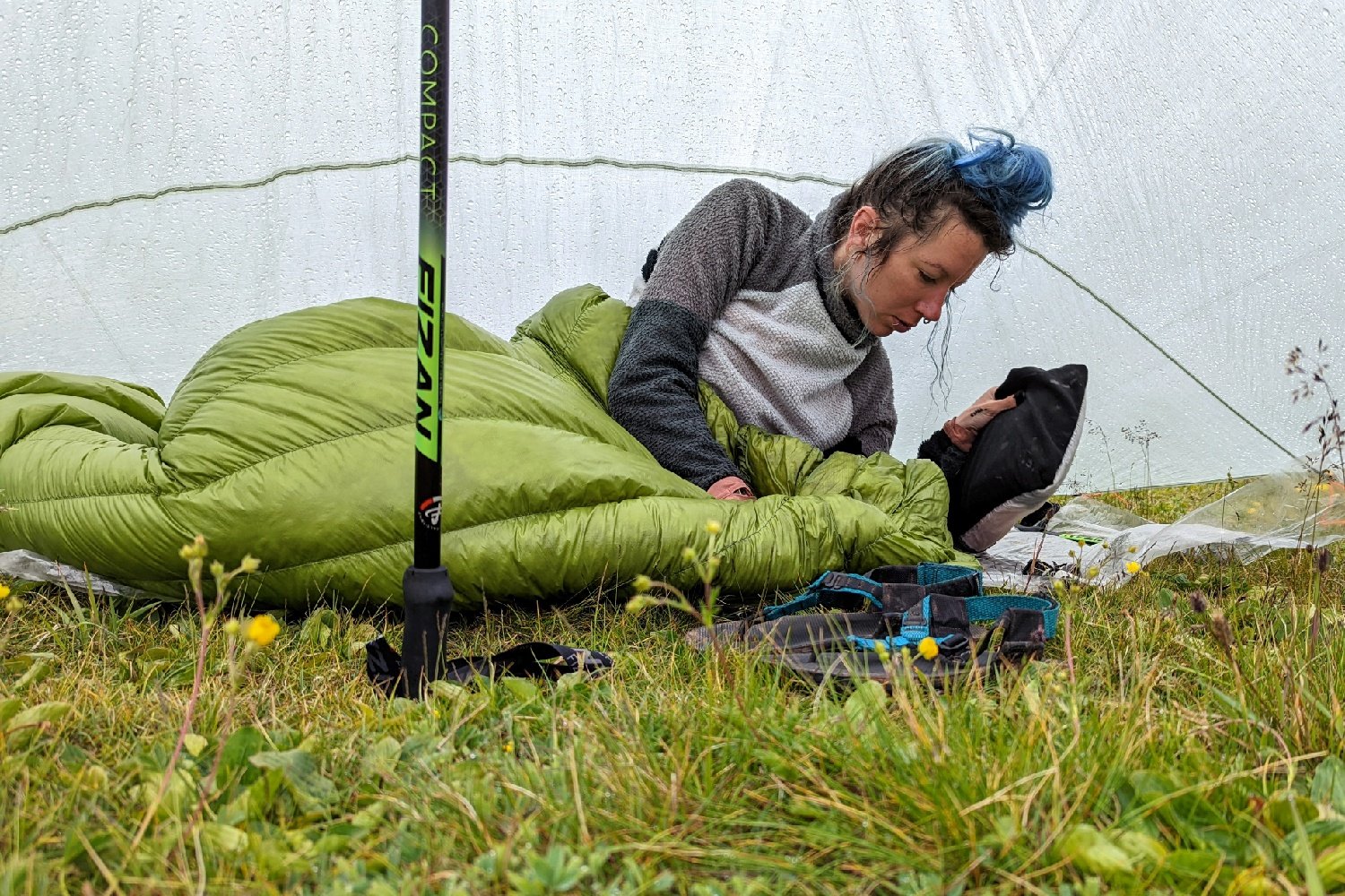 A backpacker using the ZPacks Classic 20 Sleeping Bag