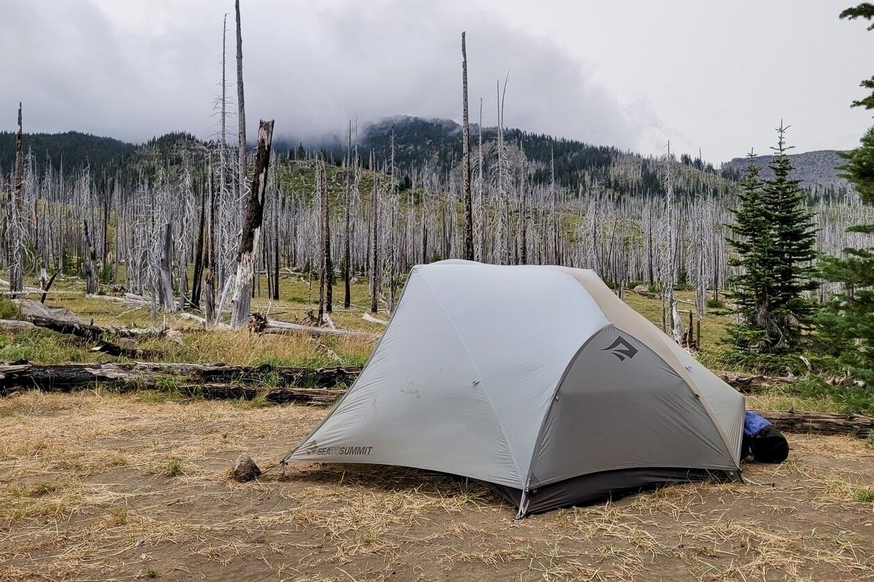 Sea to summit telos 2 tent with low hanging fog in the mountains