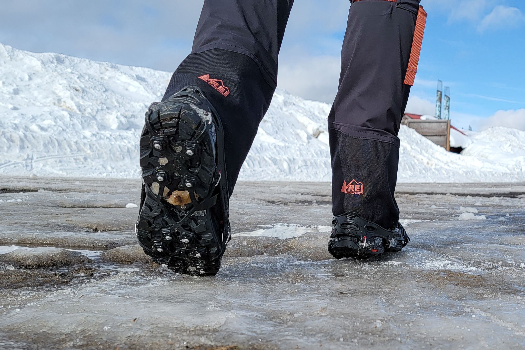 Closeup of the Kahtoola EXOspikes in an icy parking lot