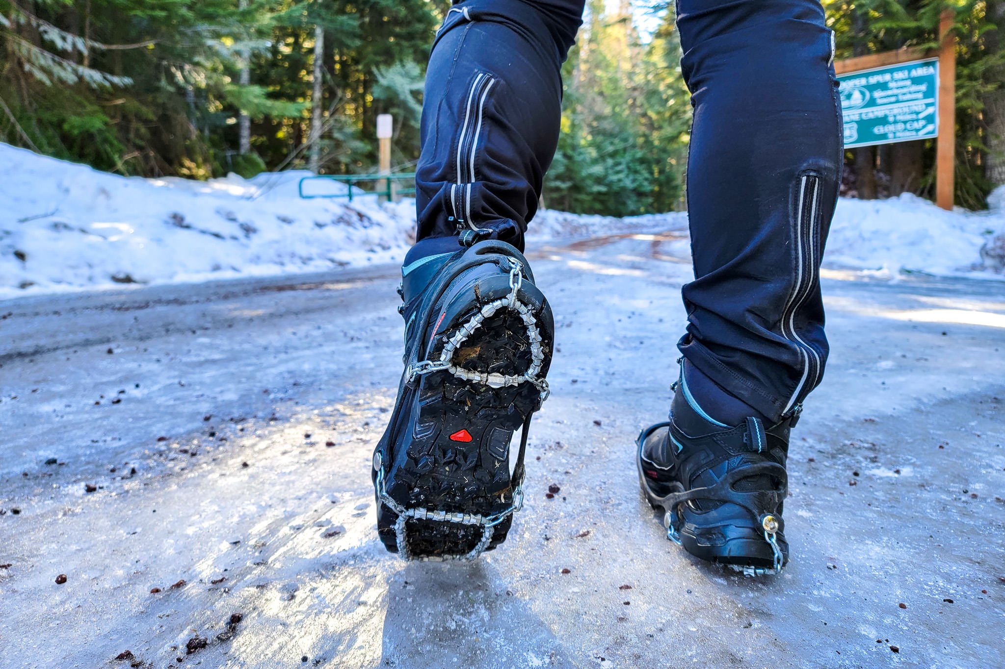 Closeup view of the Yaktrax Diamond Grip at an icy trailhead