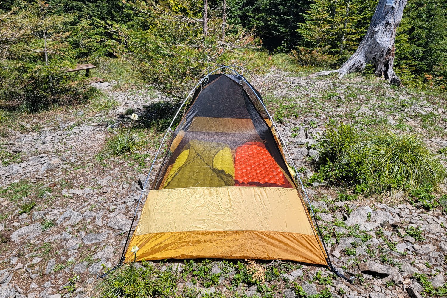 A side view of the Trailmade 2 tent showing the limited headroom of the design