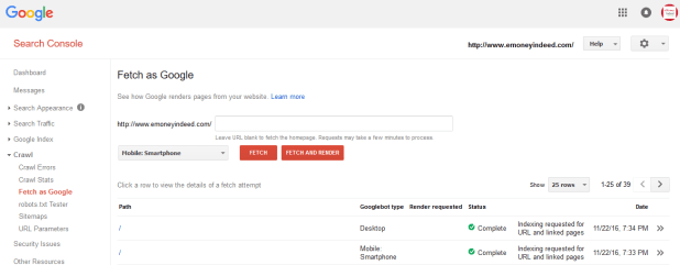 Fetch and Render Tool in Google Search Console 